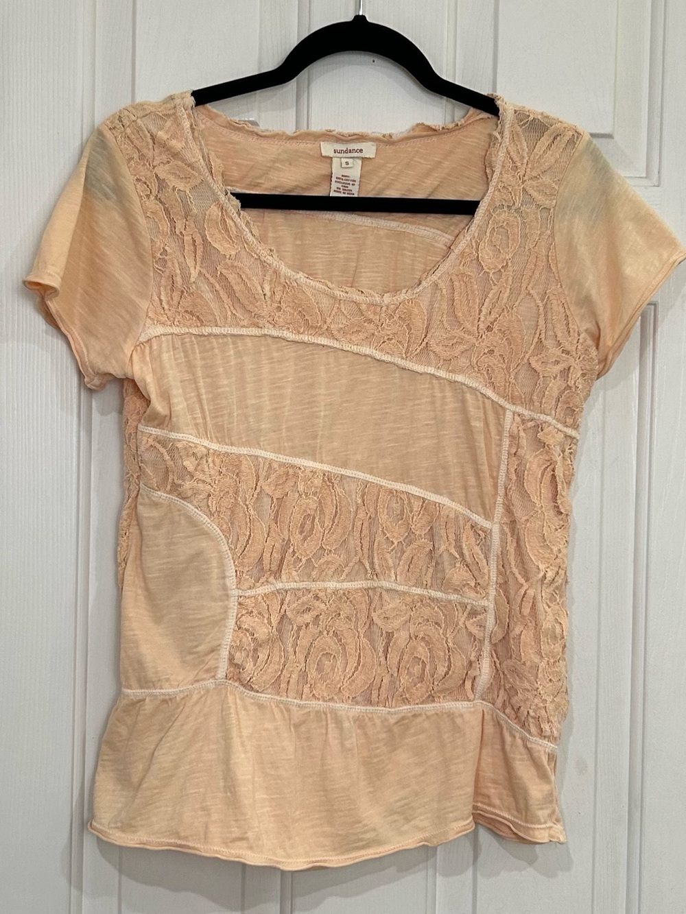 Sundance Peach Orange Cotton Lace Panel Short Sleeve Top Sz S